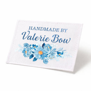 Personalized Handmade By Quilt Labels – Blue Floral Quilt Label – Custom Quilt Maker Tag – Cotton or Polyester – Set of 8 - Jammin Threads