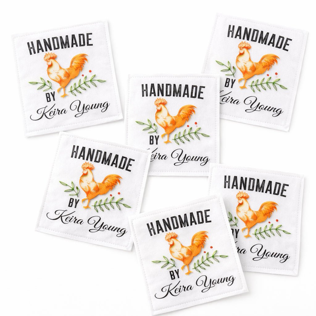 Personalized Handmade By Quilt Labels – Custom Name Sewing Labels with Rooster Design – Cotton or Polyester – 6 Per Sheet - Jammin Threads