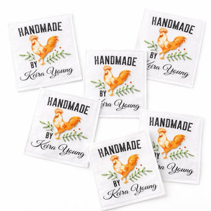 Personalized Handmade By Quilt Labels – Custom Name Sewing Labels with Rooster Design – Cotton or Polyester – 6 Per Sheet - Jammin Threads