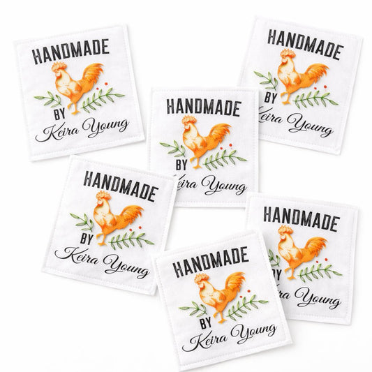 Personalized Handmade By Quilt Labels – Custom Name Sewing Labels with Rooster Design – Cotton or Polyester – 6 Per Sheet - Jammin Threads