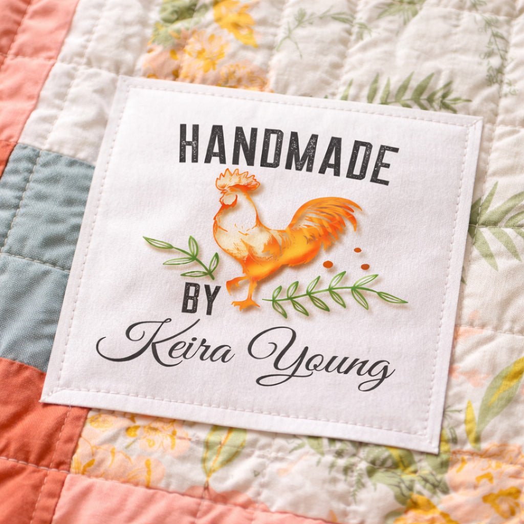 Personalized Handmade By Quilt Labels – Custom Name Sewing Labels with Rooster Design – Cotton or Polyester – 6 Per Sheet - Jammin Threads