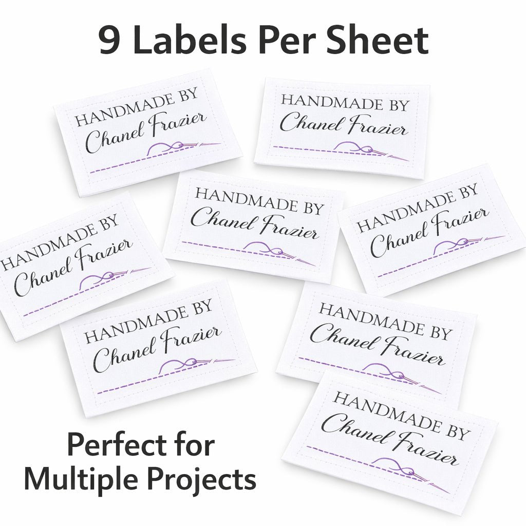 Personalized Handmade By Quilt Labels – Custom Sewing Labels with Needle & Thread Design – Cotton or Polyester – 9 Per Sheet - Jammin Threads
