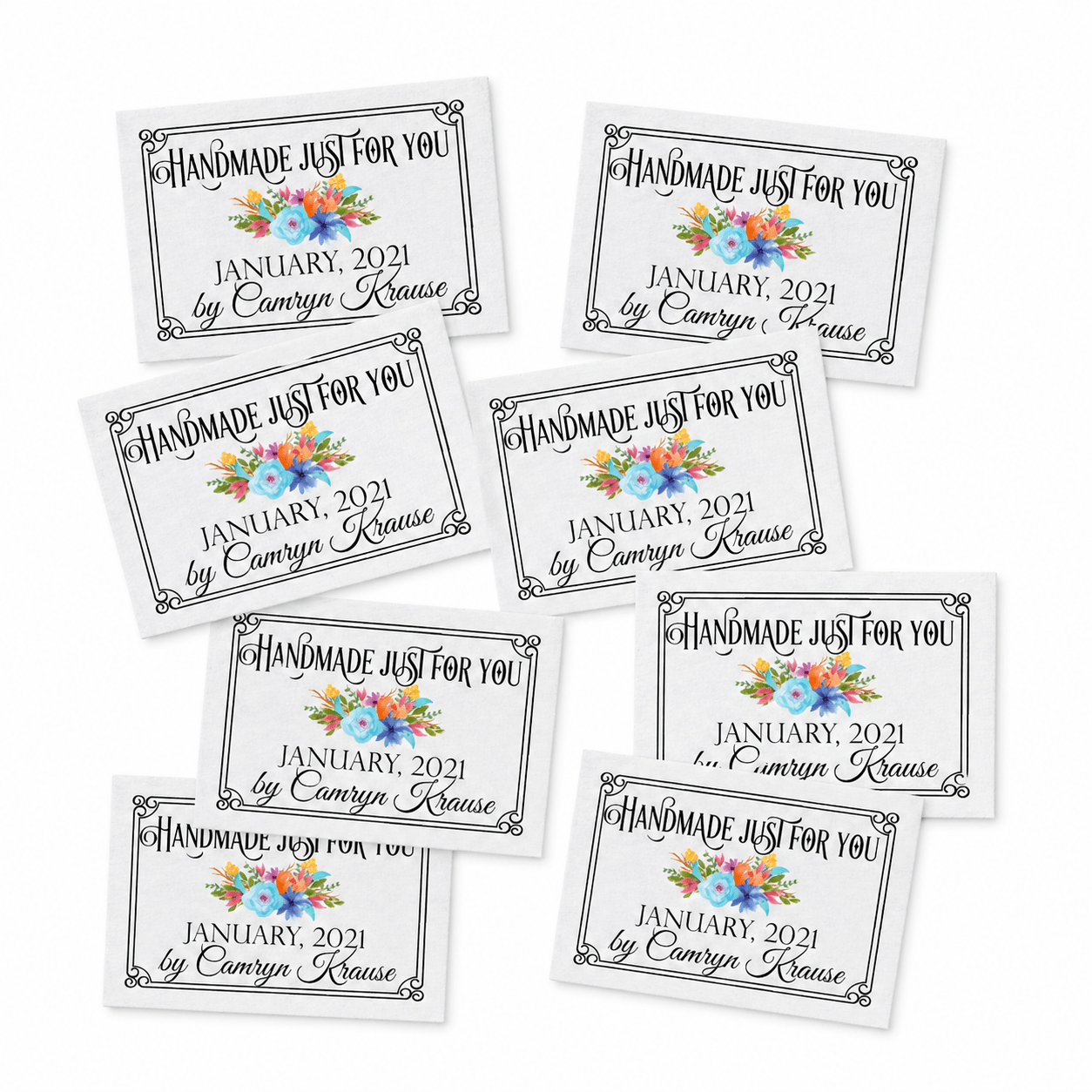 Personalized “Handmade Just for You” Quilt Labels – Floral Quilt Tag | Custom Name & Year | 8 Labels Per Sheet Cotton or Polyester - Jammin Threads