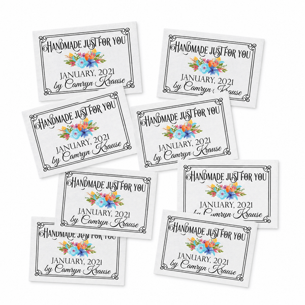 Personalized “Handmade Just for You” Quilt Labels – Floral Quilt Tag | Custom Name & Year | 8 Labels Per Sheet Cotton or Polyester - Jammin Threads