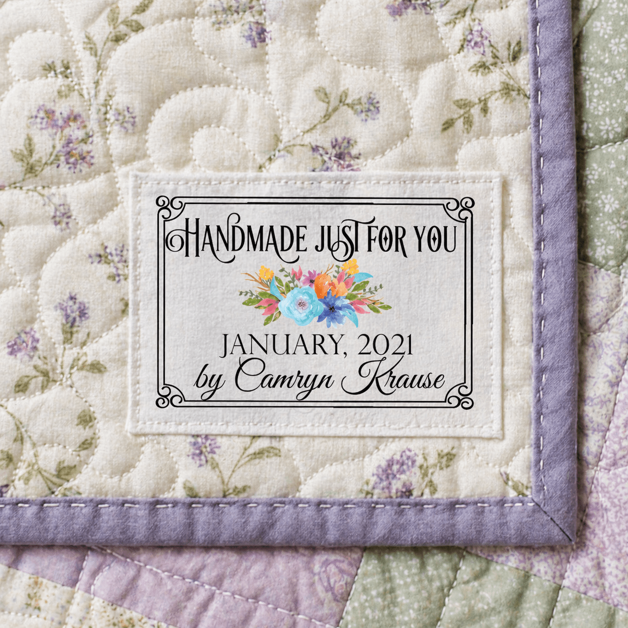 Personalized “Handmade Just for You” Quilt Labels – Floral Quilt Tag | Custom Name & Year | 8 Labels Per Sheet Cotton or Polyester - Jammin Threads