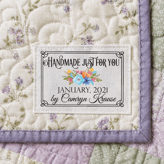 Personalized “Handmade Just for You” Quilt Labels – Floral Quilt Tag | Custom Name & Year | 8 Labels Per Sheet Cotton or Polyester - Jammin Threads