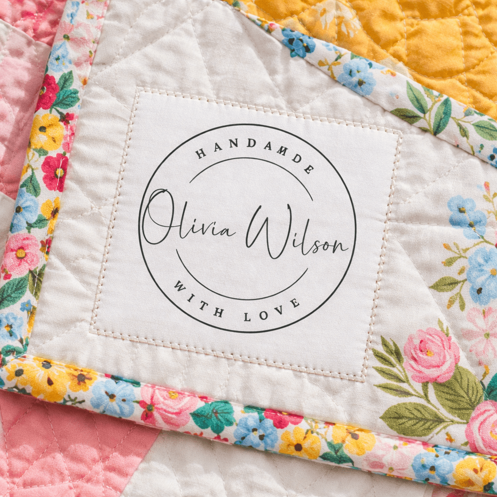 Personalized Handmade Quilt Label – Custom Name Logo Style Cotton Quilt Label – “Handmade With Love” – 2.5" Square Labels (Set of 6) - Jammin Threads