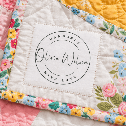 Personalized Handmade Quilt Label – Custom Name Logo Style Cotton Quilt Label – “Handmade With Love” – 2.5" Square Labels (Set of 6) - Jammin Threads