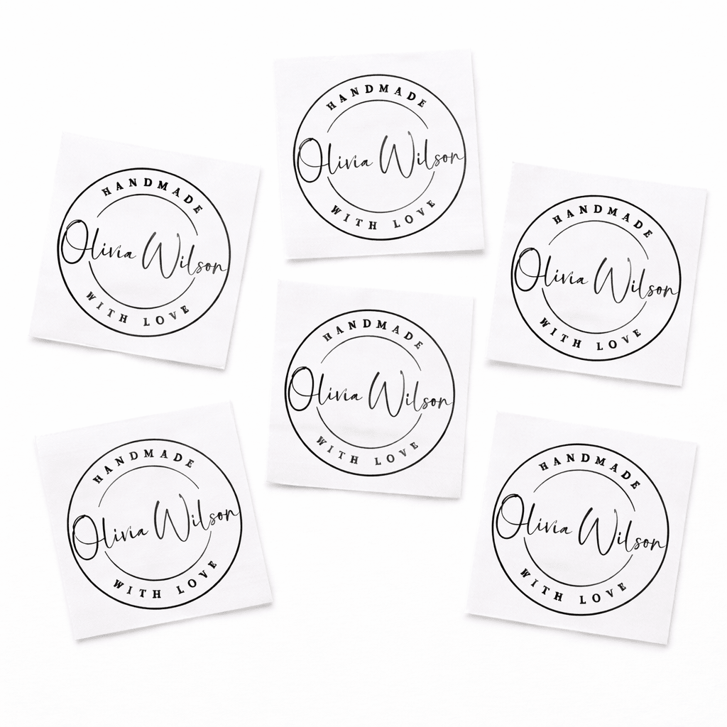 Personalized Handmade Quilt Label – Custom Name Logo Style Cotton Quilt Label – “Handmade With Love” – 2.5" Square Labels (Set of 6) - Jammin Threads