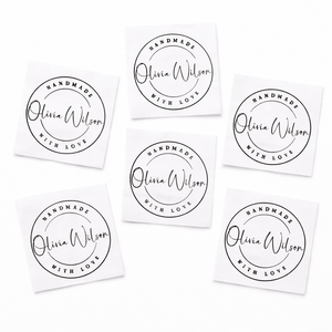 Personalized Handmade Quilt Label – Custom Name Logo Style Cotton Quilt Label – “Handmade With Love” – 2.5" Square Labels (Set of 6) - Jammin Threads
