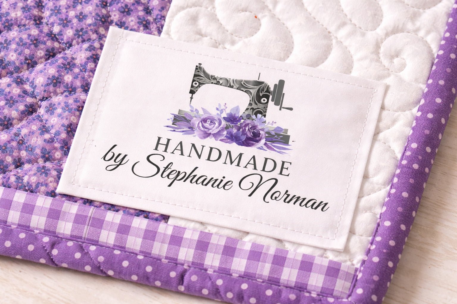 Personalized Handmade Quilt Label with Sewing Machine – Custom Name Quilt Tag – Floral Sewing Label – Cotton or Polyester Sew - On Labels - Jammin Threads
