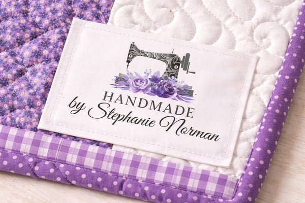 Personalized Handmade Quilt Label with Sewing Machine – Custom Name Quilt Tag – Floral Sewing Label – Cotton or Polyester Sew - On Labels - Jammin Threads