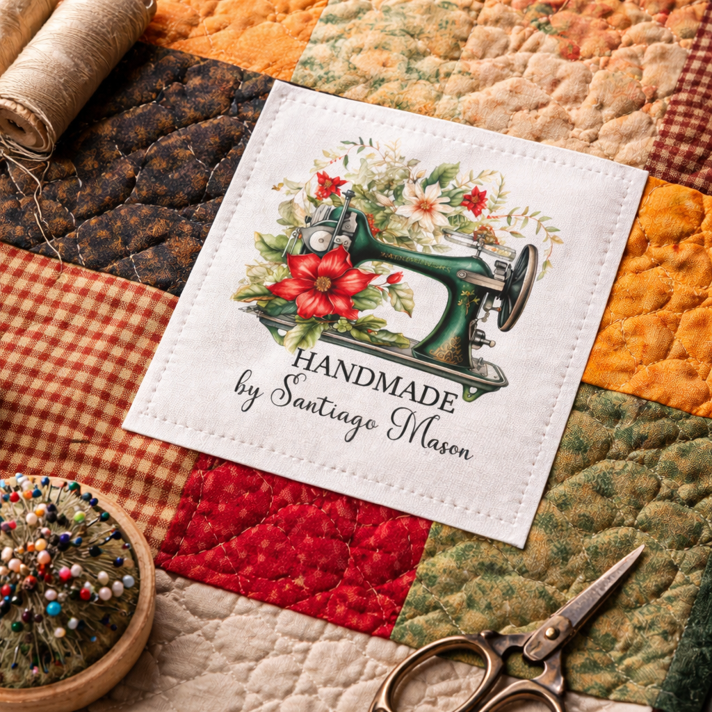 Personalized Handmade Quilt Label with Sewing Machine – Custom Quilt Tag – Floral Vintage Sewing Design – 6 per Sheet - Jammin Threads
