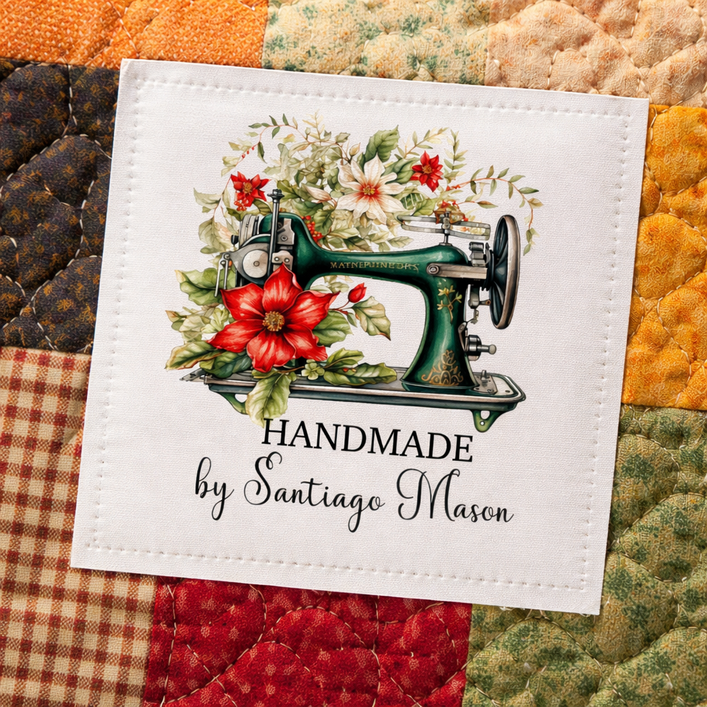 Personalized Handmade Quilt Label with Sewing Machine – Custom Quilt Tag – Floral Vintage Sewing Design – 6 per Sheet - Jammin Threads