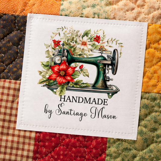 Personalized Handmade Quilt Label with Sewing Machine – Custom Quilt Tag – Floral Vintage Sewing Design – 6 per Sheet - Jammin Threads