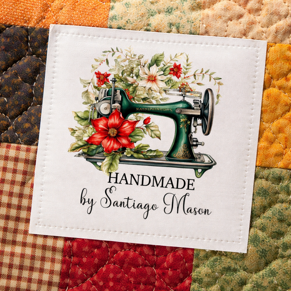 Personalized Handmade Quilt Label with Sewing Machine – Custom Quilt Tag – Floral Vintage Sewing Design – 6 per Sheet - Jammin Threads