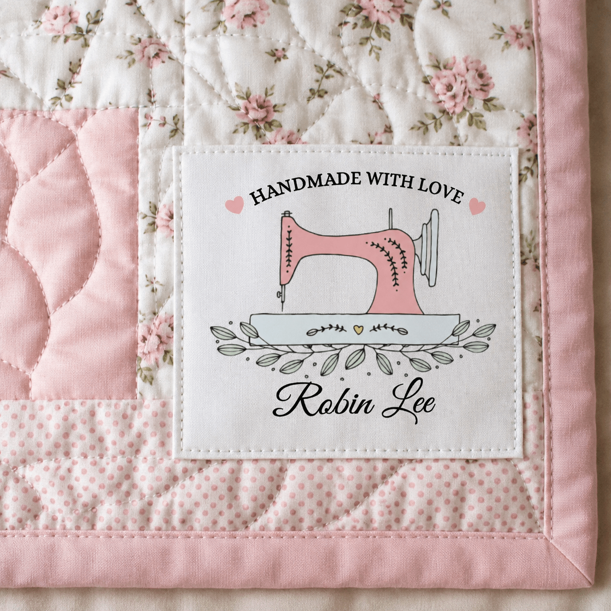 Personalized Handmade With Love Quilt Label – Pink Sewing Machine – Custom Maker Name - Jammin Threads