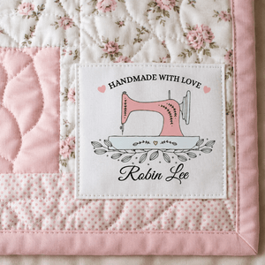 Personalized Handmade With Love Quilt Label – Pink Sewing Machine – Custom Maker Name - Jammin Threads