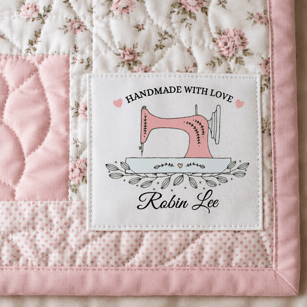 Personalized Handmade With Love Quilt Label – Pink Sewing Machine – Custom Maker Name - Jammin Threads