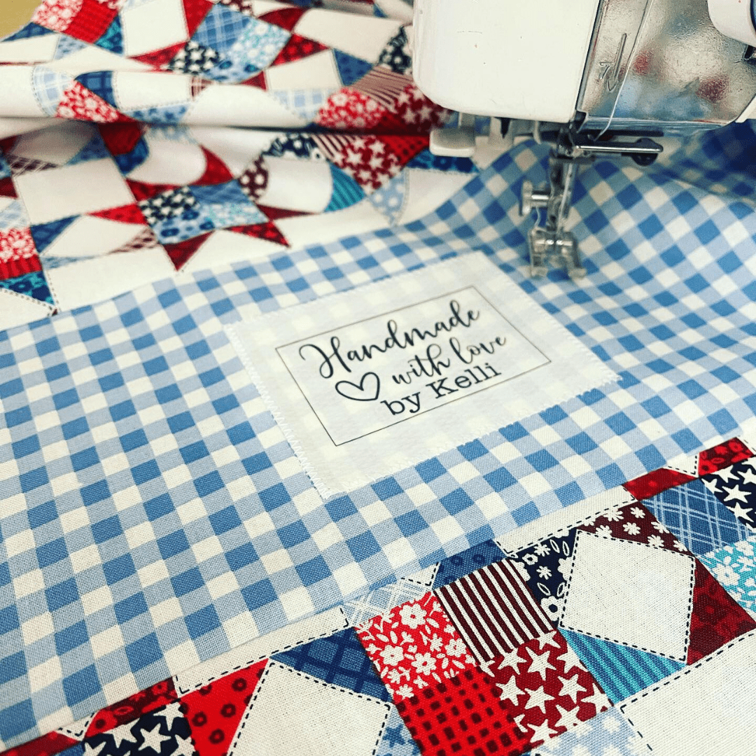 Personalized “Handmade with Love” Quilt Labels – Custom Maker Name Fabric Labels – 9 per Sheet – Cotton or Polyester - Jammin Threads