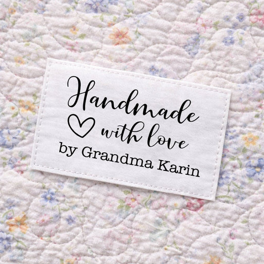 Personalized “Handmade with Love” Quilt Labels – Custom Maker Name Fabric Labels – 9 per Sheet – Cotton or Polyester - Jammin Threads