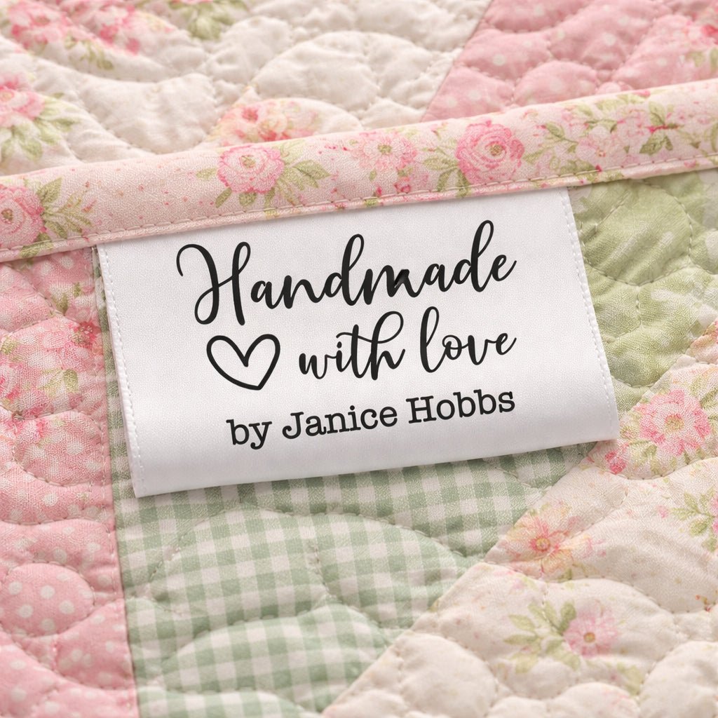 Personalized Handmade With Love Satin Quilt Tags – Custom Sewing Labels with Maker Name – Set of 25 - Jammin Threads