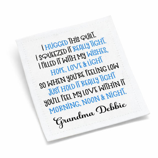 Personalized “I Hugged This Quilt” Poem Quilt Label – Custom Quilt Label with Maker Name – Cotton or Polyester – 2.75" x 2.25" – Sheet of 6 - Jammin Threads