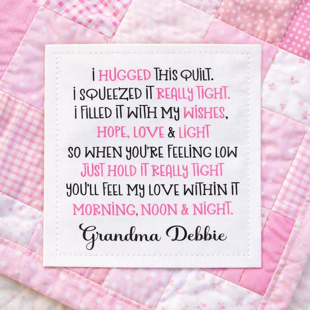 Personalized “I Hugged This Quilt” Poem Quilt Label – Custom Quilt Label with Maker Name – Cotton or Polyester – 2.75" x 2.25" – Sheet of 6 - Jammin Threads