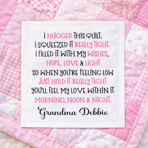 Personalized “I Hugged This Quilt” Poem Quilt Label – Custom Quilt Label with Maker Name – Cotton or Polyester – 2.75" x 2.25" – Sheet of 6 - Jammin Threads