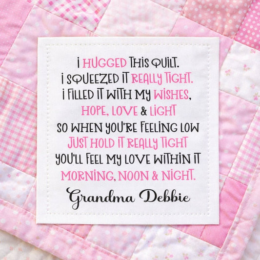 Personalized “I Hugged This Quilt” Poem Quilt Label – Custom Quilt Label with Maker Name – Cotton or Polyester – 2.75" x 2.25" – Sheet of 6 - Jammin Threads