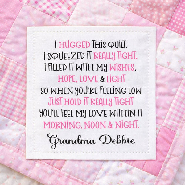 Personalized “I Hugged This Quilt” Poem Quilt Label – Custom Quilt Label with Maker Name – Cotton or Polyester – 2.75" x 2.25" – Sheet of 6 - Jammin Threads