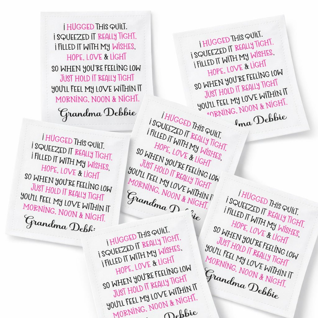 Personalized “I Hugged This Quilt” Poem Quilt Label – Custom Quilt Label with Maker Name – Cotton or Polyester – 2.75" x 2.25" – Sheet of 6 - Jammin Threads