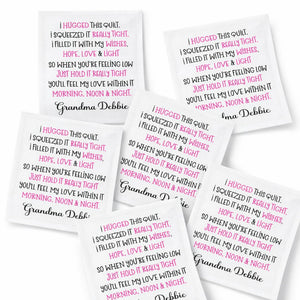 Personalized “I Hugged This Quilt” Poem Quilt Label – Custom Quilt Label with Maker Name – Cotton or Polyester – 2.75" x 2.25" – Sheet of 6 - Jammin Threads