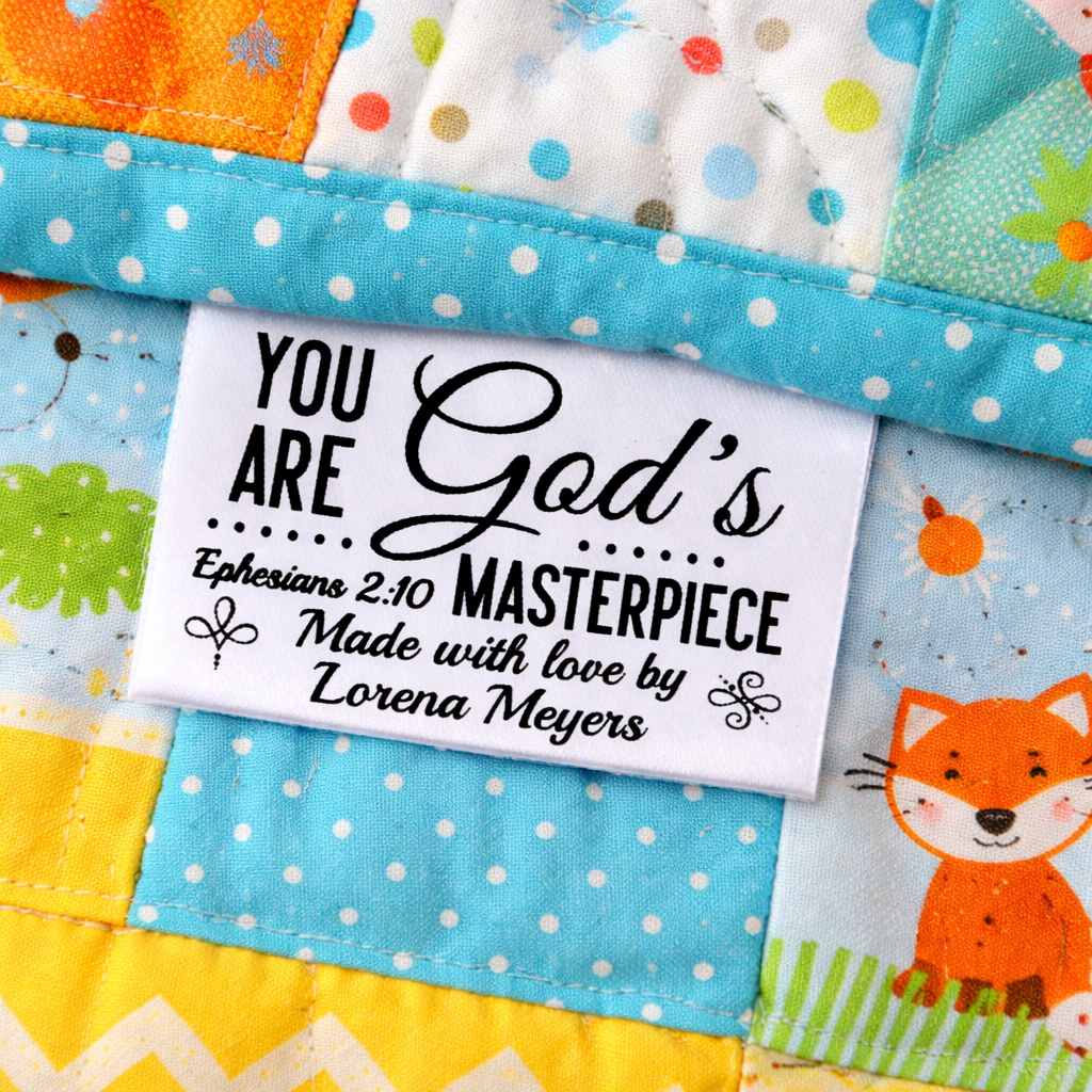 Personalized Inspirational Satin Quilt Tag – Ephesians 2:10| Religious Tags - Jammin Threads