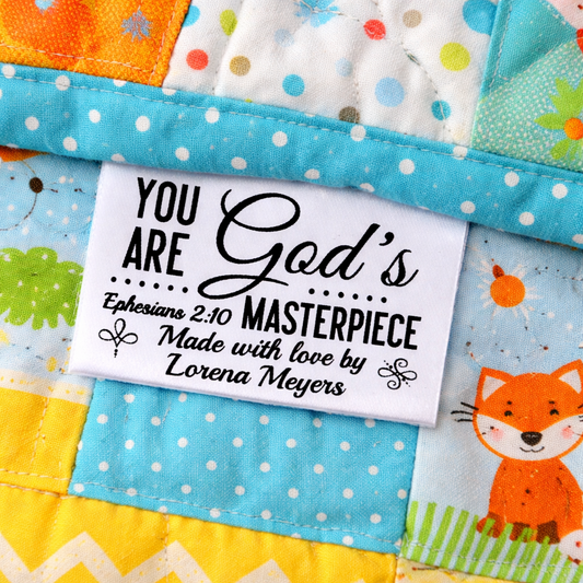 Personalized Inspirational Satin Quilt Tag – Ephesians 2:10| Religious Tags - Jammin Threads