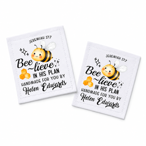 Personalized Jeremiah 17:7 Quilt Label – “Bee-lieve in His Plan” Christian Quilt Tag – 2.5” x 3” Cotton or Poly - Jammin Threads