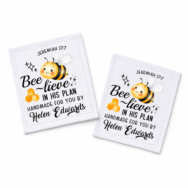 Personalized Jeremiah 17:7 Quilt Label – “Bee-lieve in His Plan” Christian Quilt Tag – 2.5” x 3” Cotton or Poly - Jammin Threads