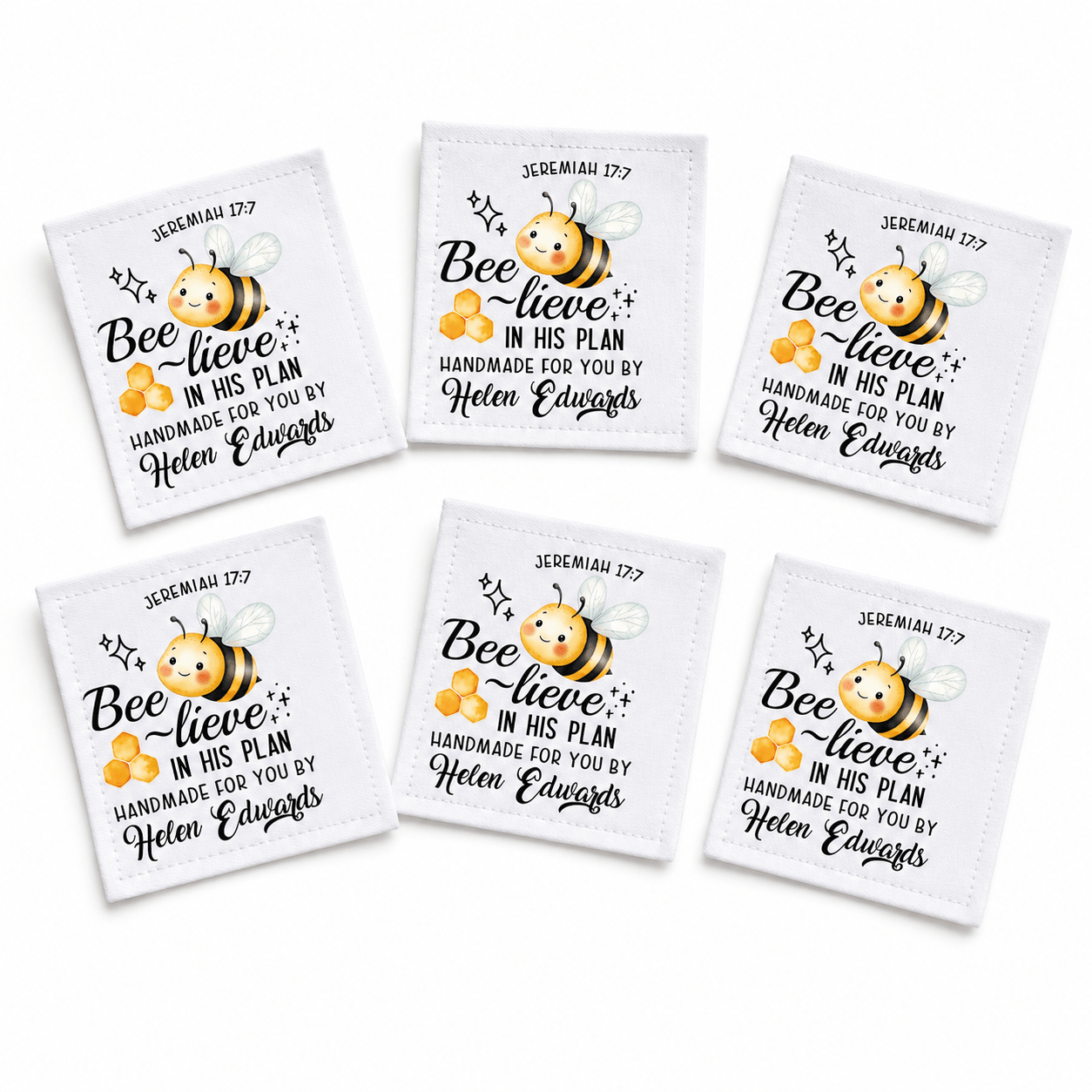 Personalized Jeremiah 17:7 Quilt Label – “Bee-lieve in His Plan” Christian Quilt Tag – 2.5” x 3” Cotton or Poly - Jammin Threads