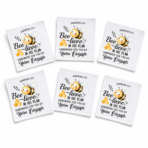 Personalized Jeremiah 17:7 Quilt Label – “Bee-lieve in His Plan” Christian Quilt Tag – 2.5” x 3” Cotton or Poly - Jammin Threads