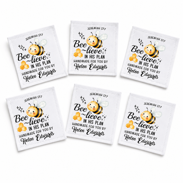 Personalized Jeremiah 17:7 Quilt Label – “Bee-lieve in His Plan” Christian Quilt Tag – 2.5” x 3” Cotton or Poly - Jammin Threads