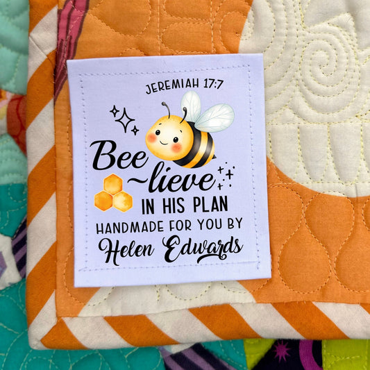 Personalized Jeremiah 17:7 Quilt Label – “Bee - lieve in His Plan” Christian Quilt Tag – 6 Per Sheet – 2.5” x 3” Cotton or Poly - Jammin Threads