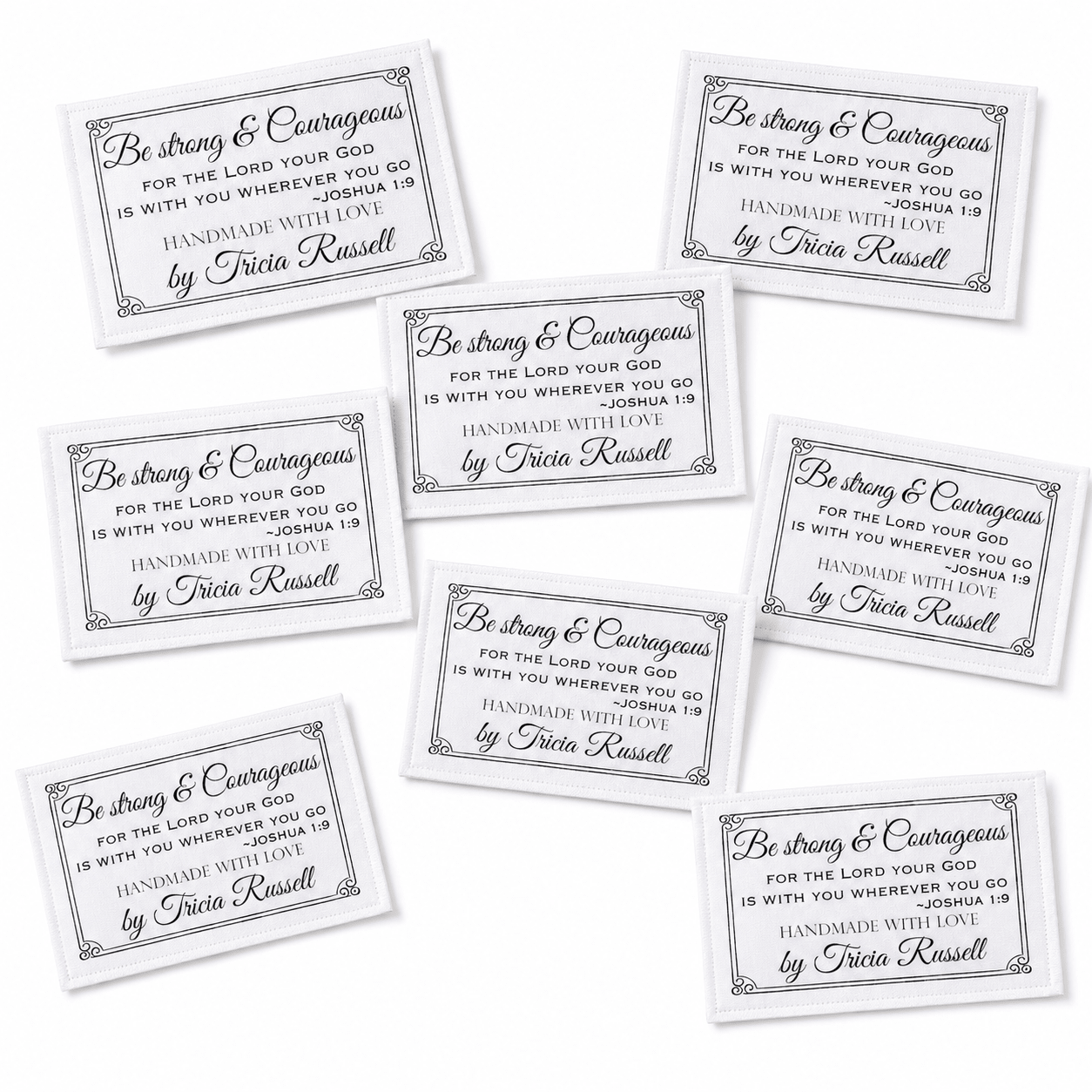 Personalized Joshua 1:9 Quilt Labels – “Be Strong and Courageous” Bible Verse Quilt Label – Christian Quilt Label with Maker Name - Jammin Threads