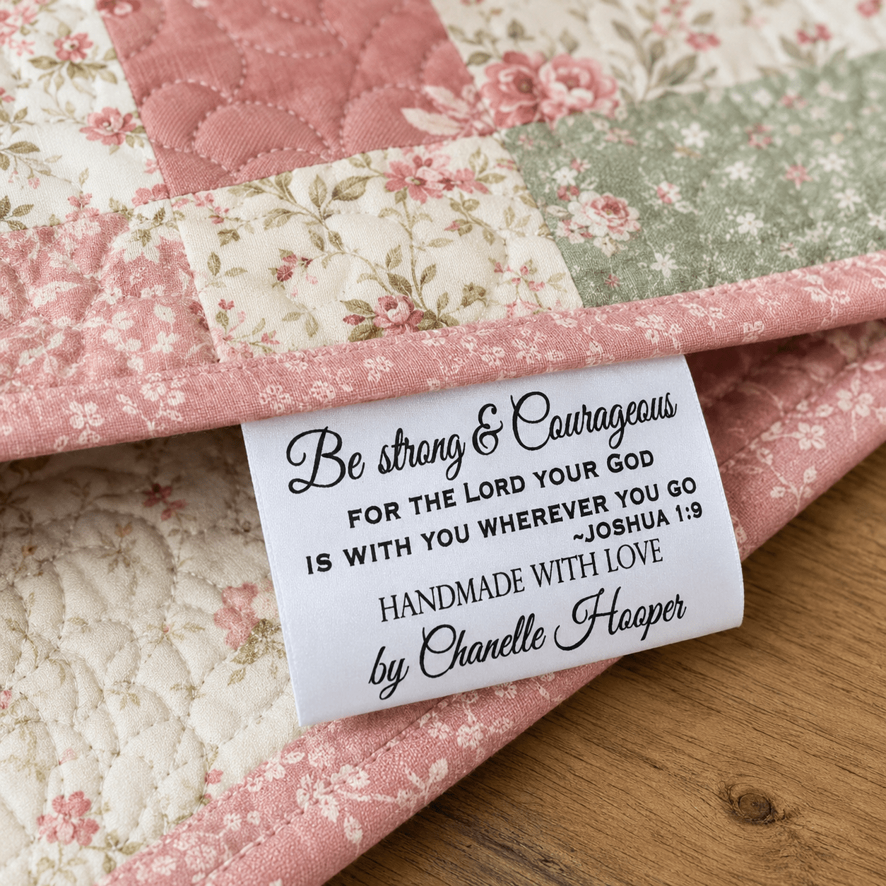 Personalized Joshua 1:9 Satin Quilt Tags – Be Strong & Courageous 3x1" - Jammin Threads