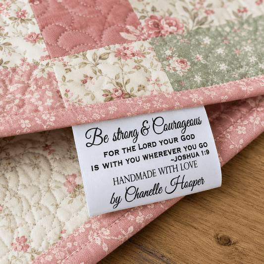 Personalized Joshua 1:9 Satin Quilt Tags – Be Strong & Courageous 3x1" - Jammin Threads
