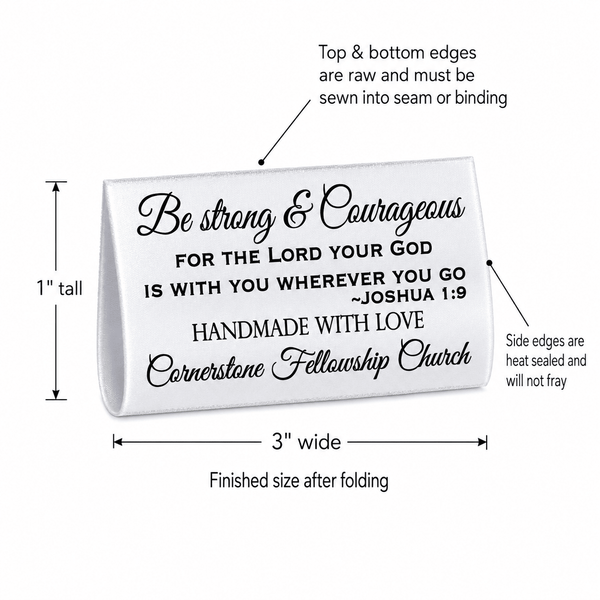 Personalized Joshua 1:9 Satin Quilt Tags – Be Strong & Courageous 3x1" - Jammin Threads