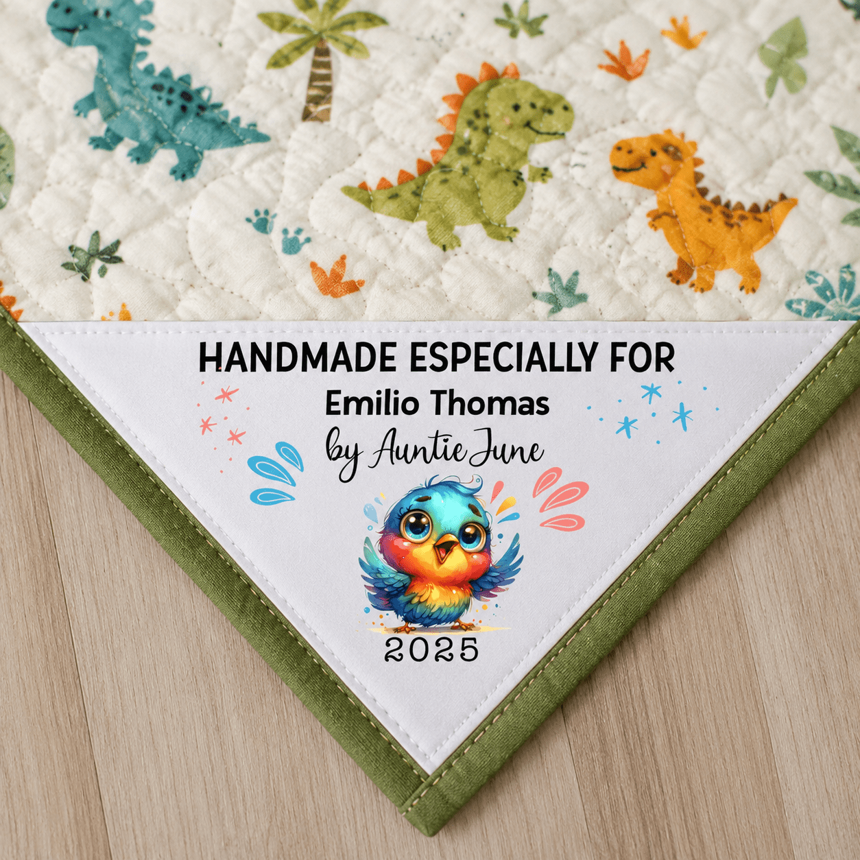 Personalized Kids Corner Quilt Label with Colorful Bird | Custom Quilt Tag with Name, Maker & Year - Jammin Threads