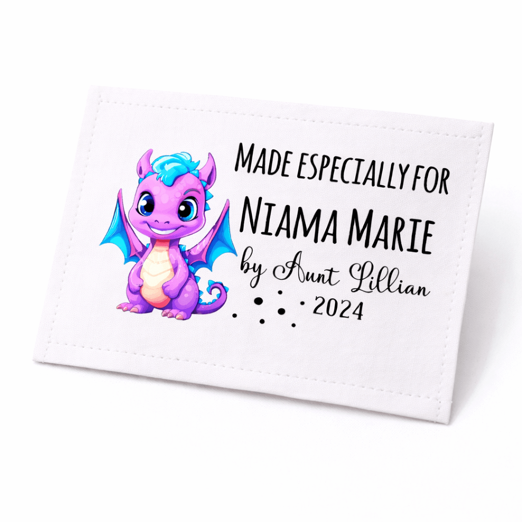 Personalized Kids Quilt Label – Cute Purple Dragon “Made Especially For” – Custom Quilt Tag for Children – 2.75 x 4 - Jammin Threads