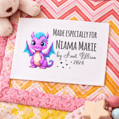 Personalized Kids Quilt Label – Cute Purple Dragon “Made Especially For” – Custom Quilt Tag for Children – 2.75 x 4 - Jammin Threads