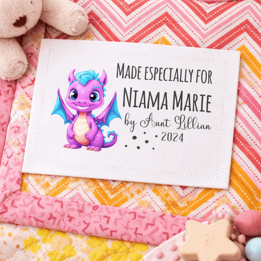 Personalized Kids Quilt Label – Cute Purple Dragon “Made Especially For” – Custom Quilt Tag for Children – 2.75 x 4 - Jammin Threads