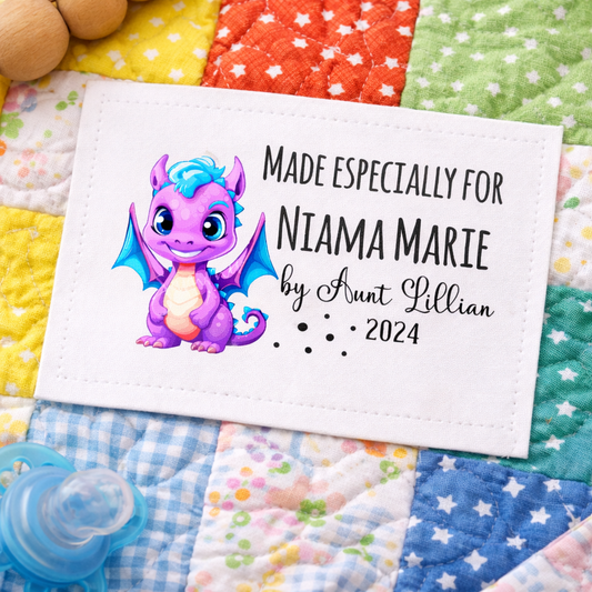 Personalized Kids Quilt Label – Cute Purple Dragon “Made Especially For” – Custom Quilt Tag for Children – 2.75 x 4 - Jammin Threads